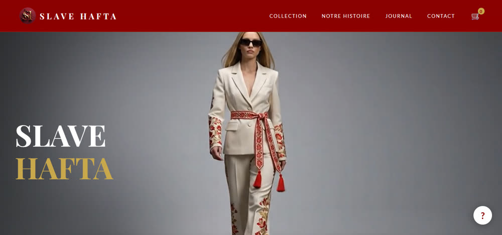Page d'accueil du site SLAVE HAFTA : mannequin en tailleur brodé