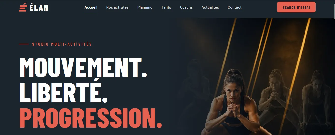 Site Élan créé avec l'IA : page d'accueil, « Mouvement. Liberté. Progression. »